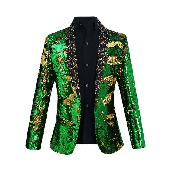 HOOMEUMY Men's Gold Sequined Blazer Court Style Long Sleeve Shiny Party Wedding Suit Jacket Formal Prom Coat Green M
