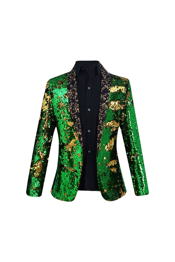 Men's Gold Sequined Blazer Court Style Long Sleeve Shiny Party Wedding Suit Jacket Formal Prom Coat Green M