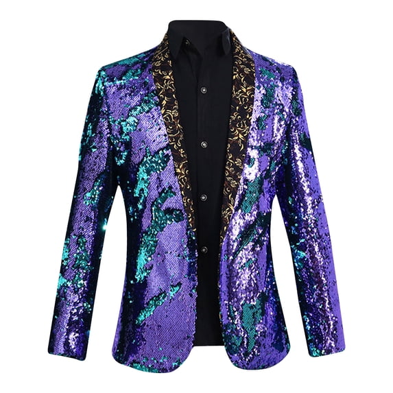 HOOMEUMY Men's Gold Sequined Blazer Court Style Long Sleeve Shiny Party Wedding Suit Jacket Formal Prom Coat Purple M