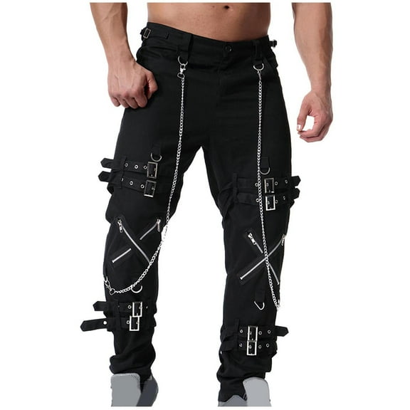 HOOMEUMY Men's Gothic Punk Pants Cargo Pants with Chain Straps Buckle Decor Trousers Streetwear Hip Hop Fashion Trousers Black M