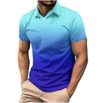 HOOMEUMY Men's Gradient Color Short Sleeve Golf Shirt Summer Slim Fit Lightweight Breathable Casual Button Down T-Shirt Blue XXXL