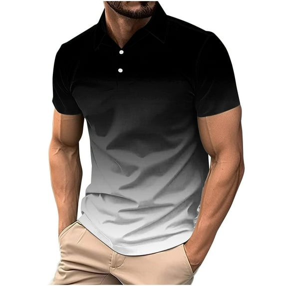 HOOMEUMY Men's Gradient Color Short Sleeve Golf Shirt Summer Slim Fit Lightweight Breathable Casual Button Down T-Shirt Gray XXXL
