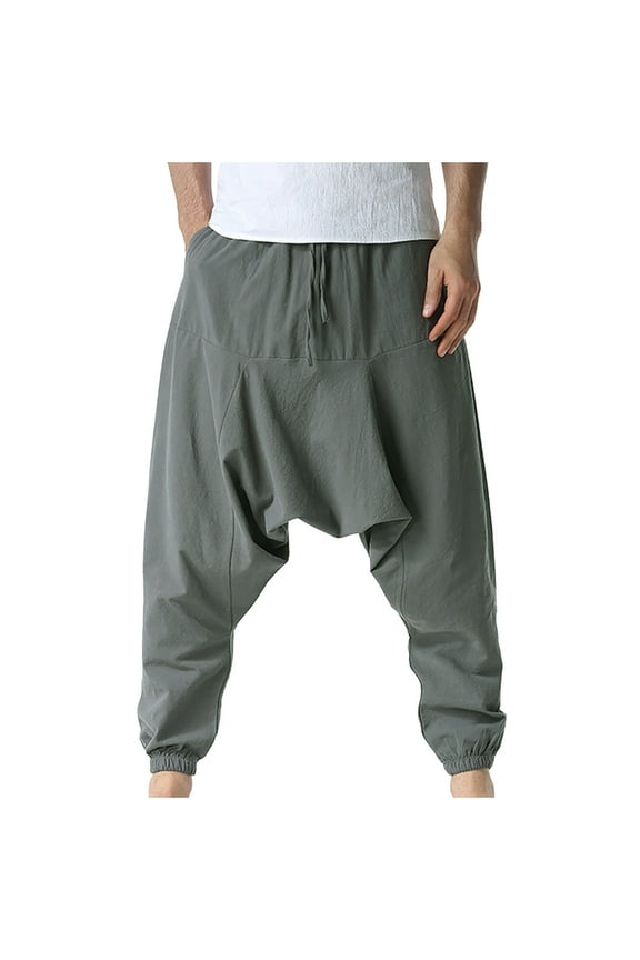 Men's Harem Pants Hip Hop Baggy Drop Crotch Solid Trousers Breathable Stretch Drawstring Linen Loose Fit Jogger Pants Gray XL