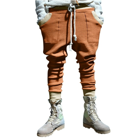 HOOMEUMY Men's Harem Pants Hip Hop Joggers Knitted Bound Feet Casual Sweatpants with Pockets Drawstring Long Trousers Orange L