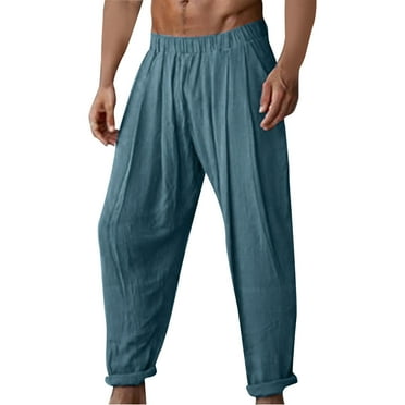 HOOMEUMY Men's Harem Pants Loose Fit Linen Blend Cotton Trousers Solid Color Baggy Pants with Pockets Blue M