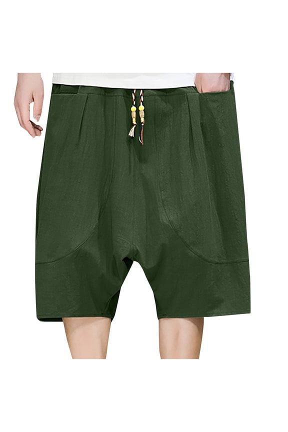 Men's Harem Shorts Cotton Linen Baggy Bloomers Thai Fisherman Hippie Pants with Pockets D string Elastic Waist Summer Beach Shorts Green 10