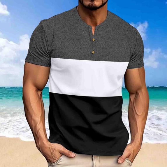 HOOMEUMY Men's Henley Shirts 2025 Trendy Color Block Shirts Round Neck Tops Slim Fit Flowy Dressy Casual Blouse Workout Summer Basic Short Sleeve Basic Tees Gray M