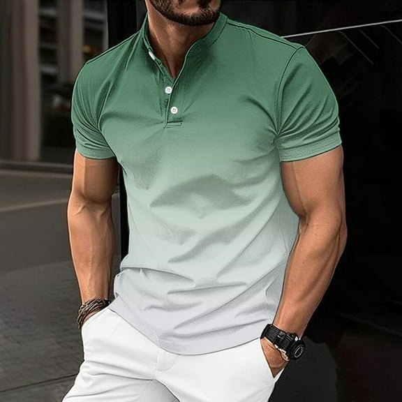 HOOMEUMY Men's Henley Shirts Gradient Shirts Round Neck Tops Stylish Slim Fit Casual Blouse Workout Summer Basic Short Sleeve Basic Tees 2025 Trendy Green S