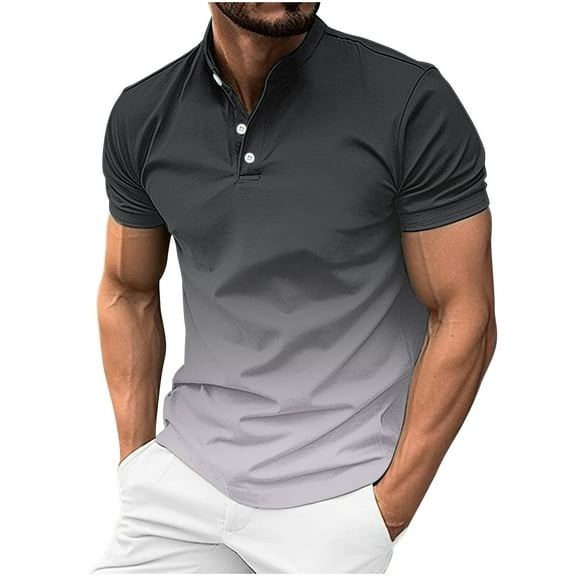 HOOMEUMY Men's Henley Shirts Round Neck Tops Stylish Slim Fit Casual Blouse Workout Summer Basic Short Sleeve Basic Tees 2025 Trendy Gradient Shirts Gray XL