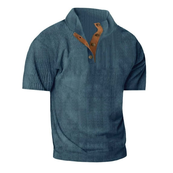 HOOMEUMY Men's Henley Shirts Stand-up Collar Tops Slim Fit Flowy Dressy Casual Blouse Workout Summer Basic Short Sleeve Basic Tees 2025 Trendy Elegant Solid Shirts Blue XL