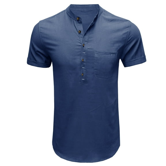 HOOMEUMY Men's Henley Shirts Summer Basic Short Sleeve Basic Tees 2025 Trendy Elegant Solid Shirts Round Neck Tops Slim Fit Flowy Dressy Casual Blouse Workout Blue XL