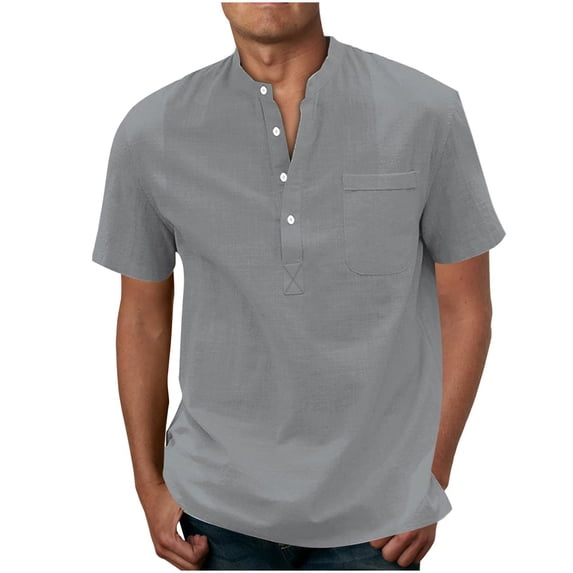 HOOMEUMY Men's Henley Shirts Summer Basic Short Sleeve Basic Tees 2025 Trendy Vintage Solid Shirts V Neck Tops Slim Fit Flowy Dressy Casual Blouse Workout Gray XXL