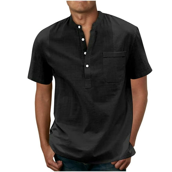 HOOMEUMY Men's Henley Shirts V Neck Tops Slim Fit Flowy Dressy Casual Blouse Workout Summer Basic Short Sleeve Basic Tees 2025 Trendy Vintage Solid Shirts Black L