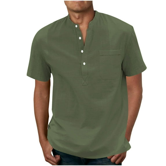 HOOMEUMY Men's Henley Shirts Workout Summer Basic Short Sleeve Basic Tees 2025 Trendy Vintage Solid Shirts V Neck Tops Slim Fit Flowy Dressy Casual Blouse Green XL