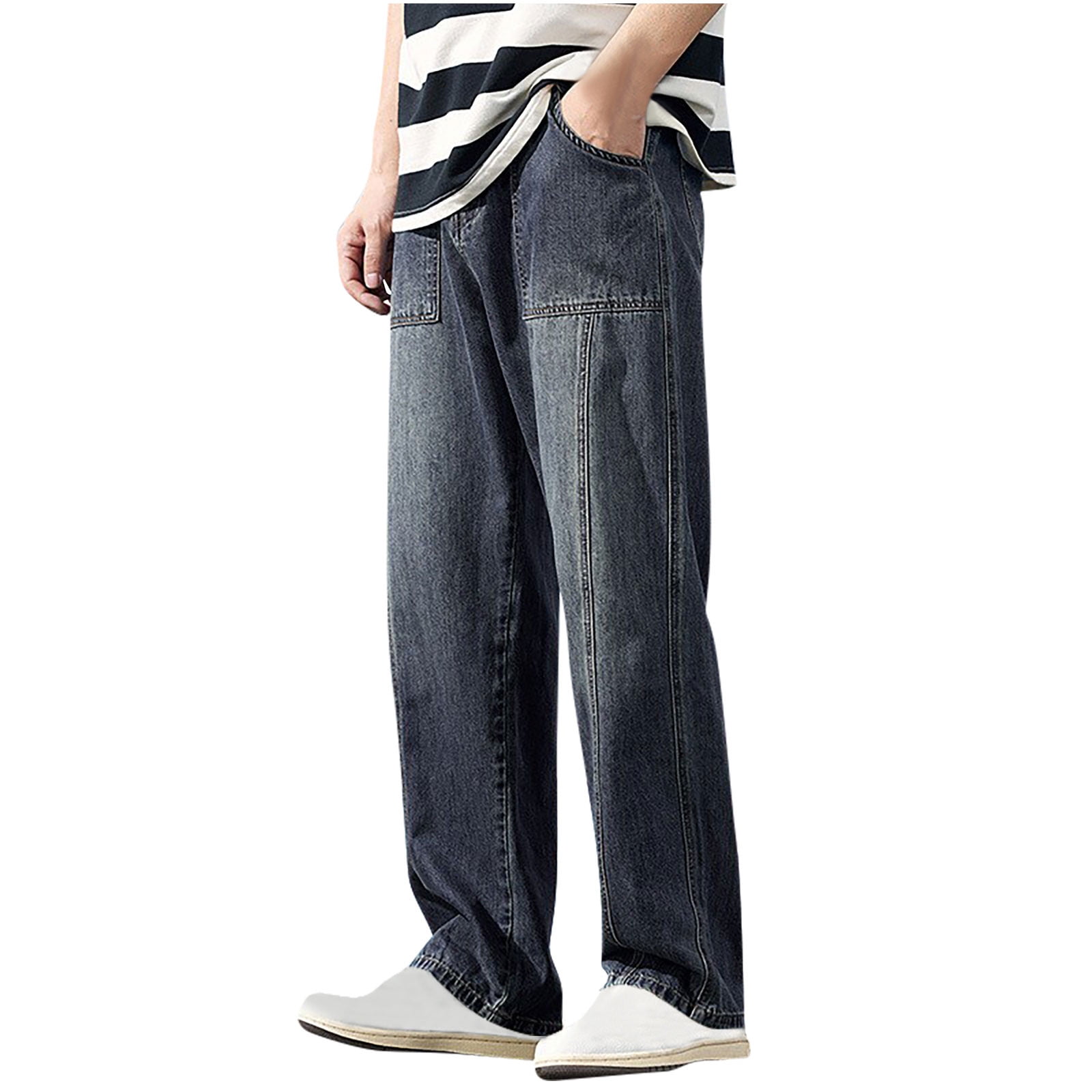 HOOMEUMY Men's High Waist Loose Jeans Baggy Straight Leg Denim Pants Trousers Y2k Hip Hop Skater Baggy Jeans Loose Fit Denim Dark Blue 20