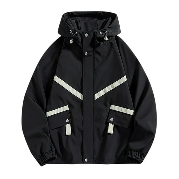 HOOMEUMY Men's Hooded Jacket Lightweight Windbreaker with Striped Design Outdoor Sport Casual Coat with Zipper Black M