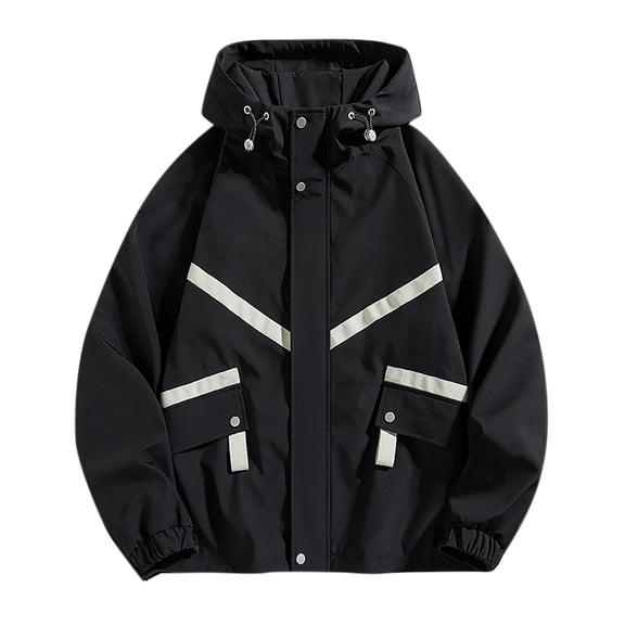 HOOMEUMY Men's Hooded Jacket Lightweight Windbreaker with Striped Design Outdoor Sport Casual Coat with Zipper Black S