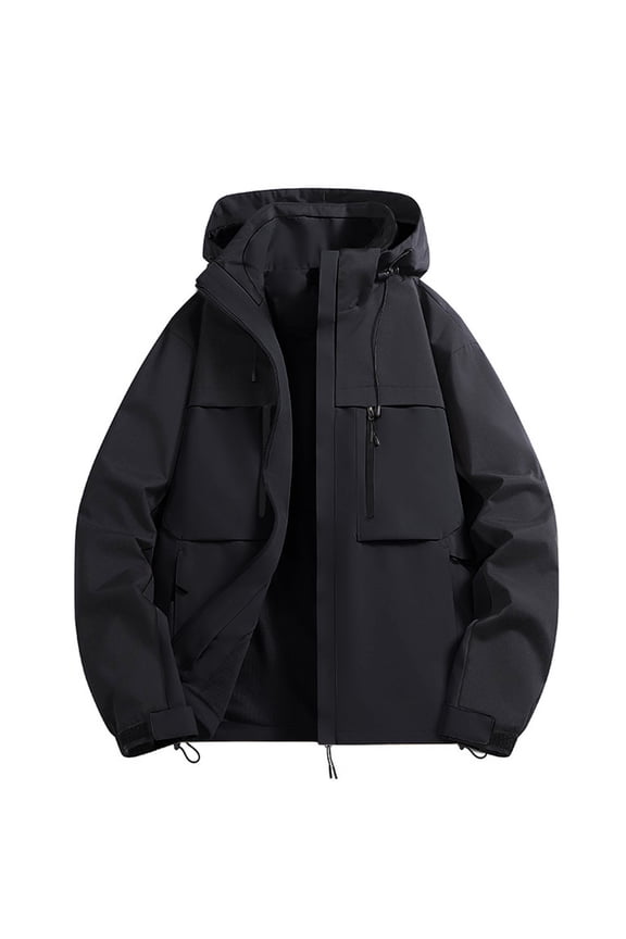 Men's Hooded Jacket Windproof Waterproof Outdoor Jacket Lightweight Breathable Warm Winter Coats with Pockets Black S