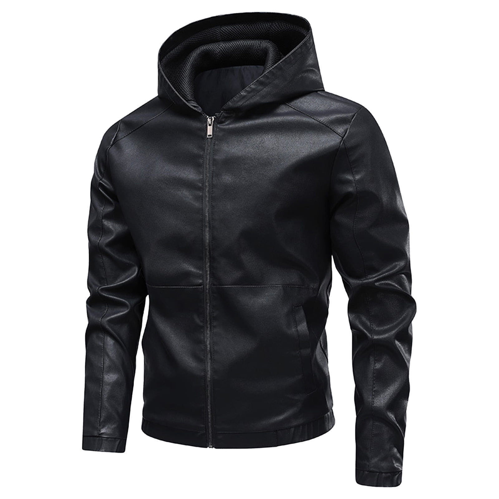 HOOMEUMY Men's Hooded Leather Jacket Long Sleeve Full Zip Leather Jackets Casual Full Zip Motorcycle jacket (Black,M）