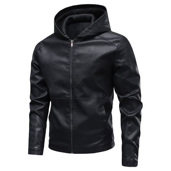 HOOMEUMY Men's Hooded Leather Jacket Long Sleeve Full Zip Leather Jackets Casual Full Zip Motorcycle jacket (Black,XS）