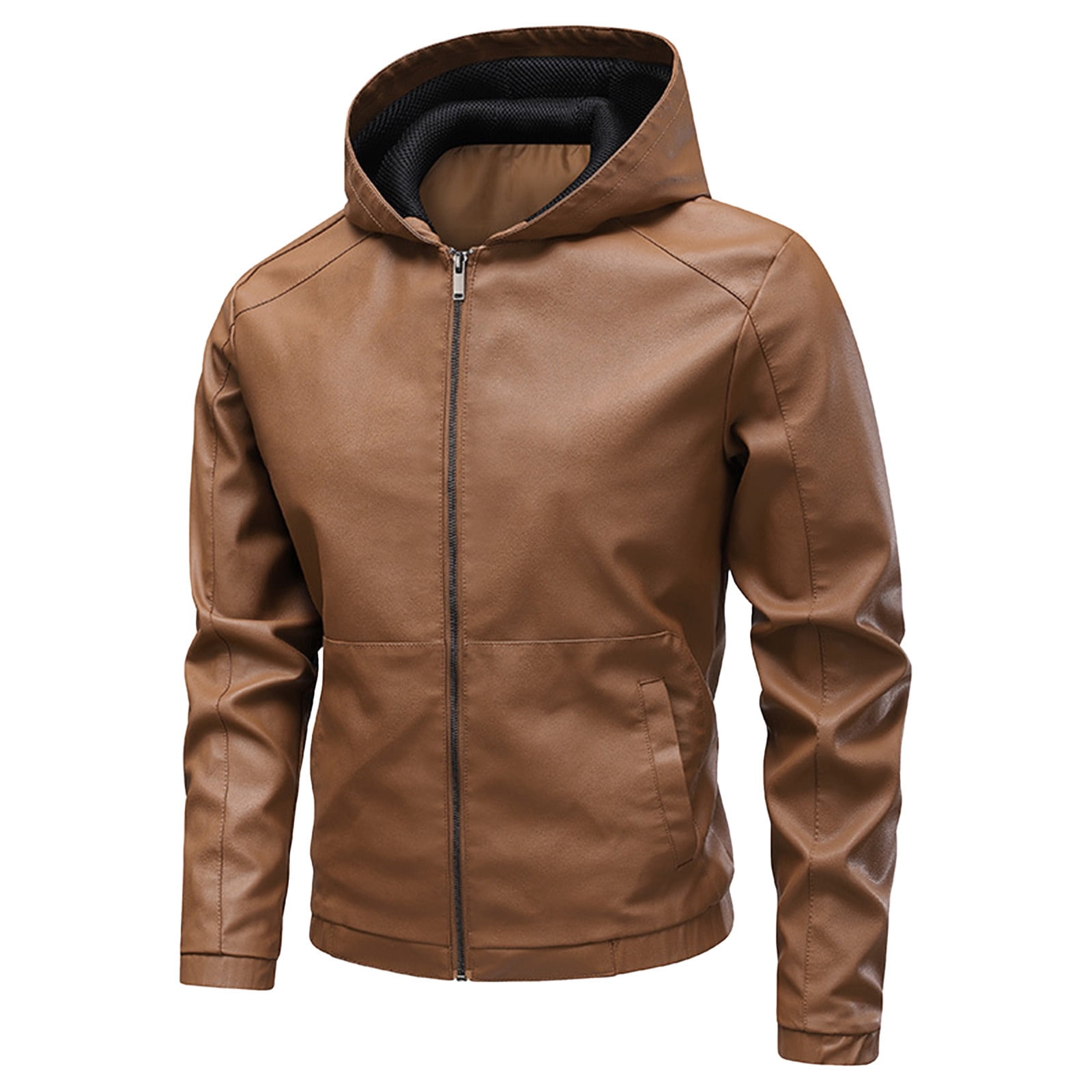 HOOMEUMY Men's Hooded Leather Jacket Long Sleeve Full Zip Leather Jackets Casual Full Zip Motorcycle jacket (Brown,S）