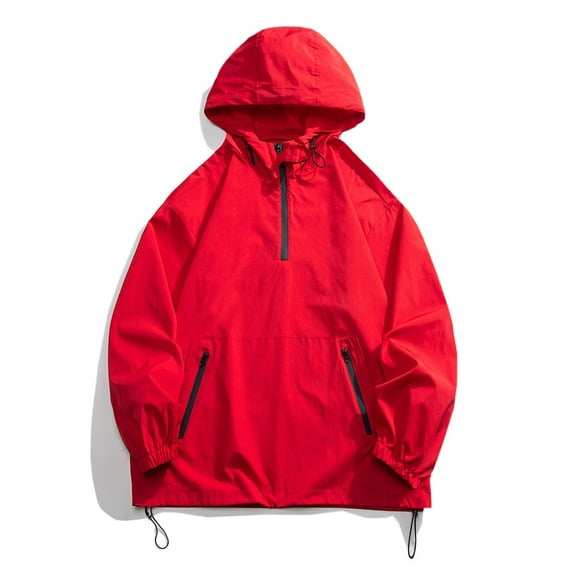 HOOMEUMY Men's Hooded Waterproof Windbreaker Lightweight Half Zipper Classic Solid Raglan Sleeve Breathable Pullover Athletic Rain Coat for Golf Hiking Cycling Red L