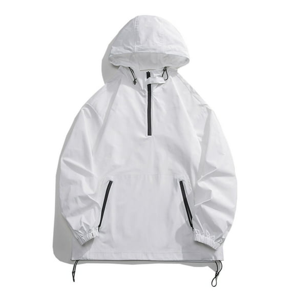 HOOMEUMY Men's Hooded Waterproof Windbreaker Lightweight Half Zipper Classic Solid Raglan Sleeve Breathable Pullover Athletic Rain Coat for Golf Hiking Cycling White XXXXXL