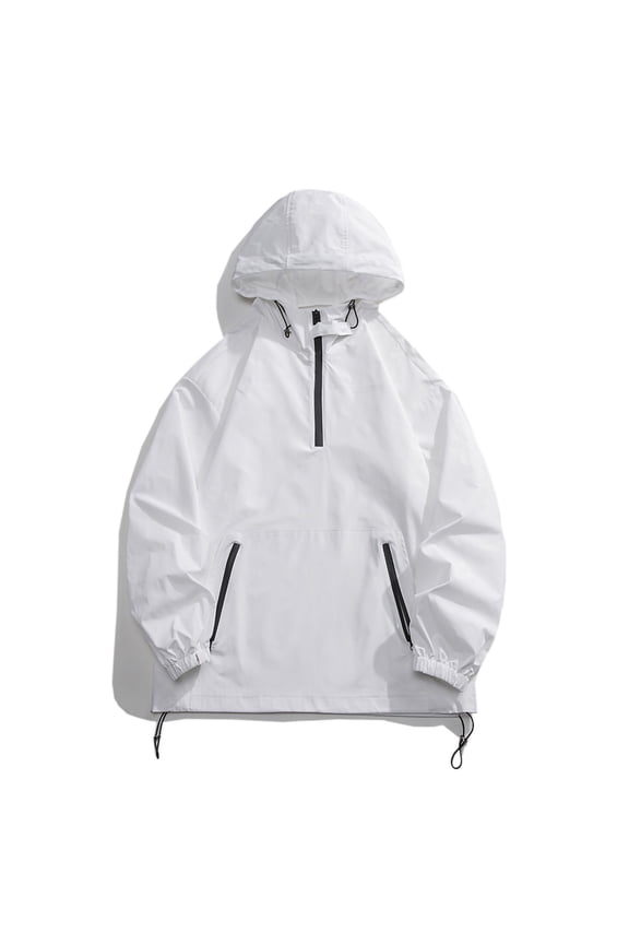 Men's Hooded Waterproof Windbreaker Lightweight Half Zipper Classic Solid Raglan Sleeve Breathable Pullover Athletic Rain Coat for Golf Hiking Cycling White XXL