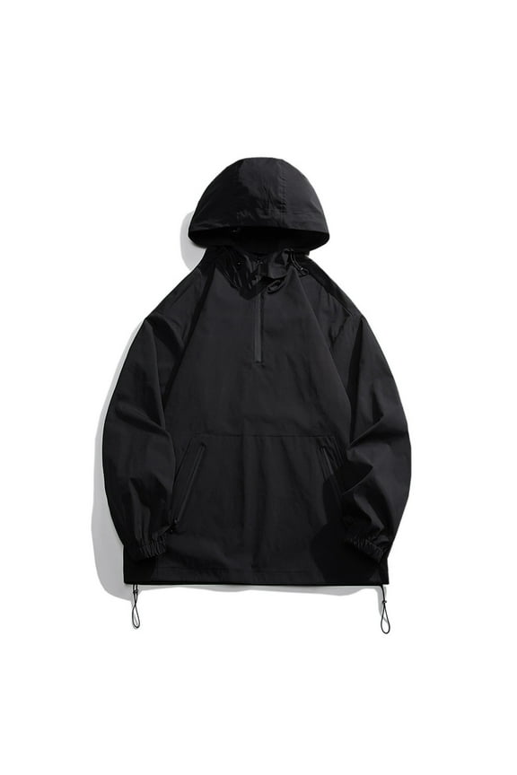 Men's Hooded Waterproof Windbreaker Lightweight Half Zipper Classic Solid Raglan Sleeve Breathable Pullover Athletic Rain Coat for Golf Hiking Cycling Black L