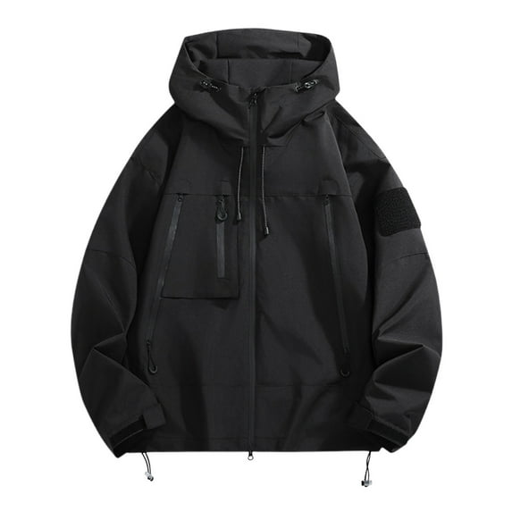 HOOMEUMY Men's Hooded Zipper Pockets Jacket Long Sleeve Outdoor Windbreaker Solid Color Loose Fit Lightweight Outwear Autumn Coat Black XXXL