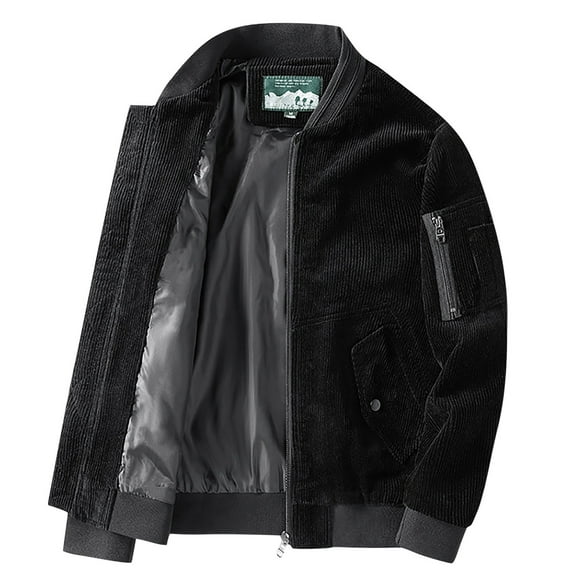 HOOMEUMY Men's Hoodless Corduroy Bomber Jacket Winter Warm Zipper Pockets Stand Collar Casual Thickened Outerwear Black XXXL