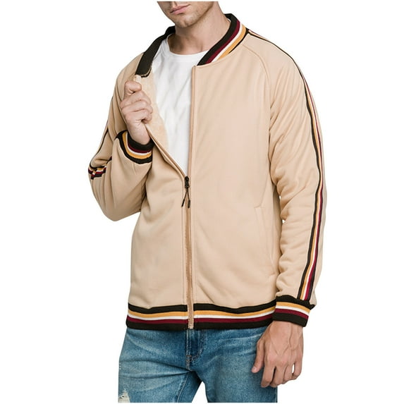 HOOMEUMY Men's Hoodless Fleece Lined Bomber Jackets Full Zip Warm Padded Winter Thick Striped Sport Outwear Khaki XXL
