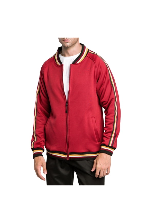 Men's Hoodless Fleece Lined Bomber Jackets Full Zip Warm Padded Winter Thick Striped Sport Outwear Red L