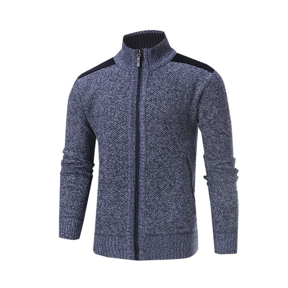 HOOMEUMY Men's Hoodless Knit Cardigan Jacket Full Zip Stand Collar Long Sleeve Warm Winter Outerwear Jacket Blue XXL