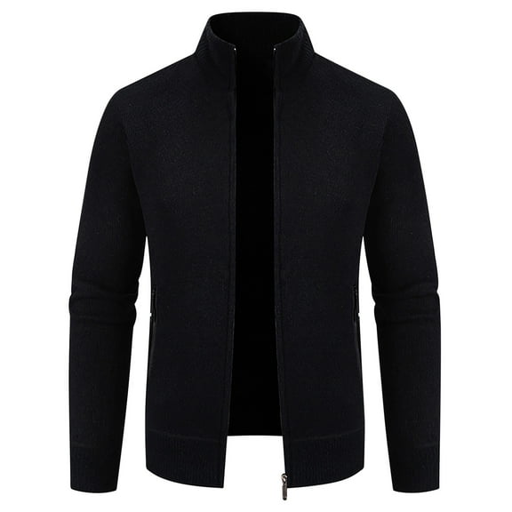 HOOMEUMY Men's Hoodless Knit Cardigan Sweater Long Sleeve Zip Up Stand Collar Solid Color Warm Outerwear Jacket with Pockets Black XL