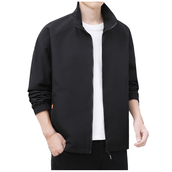 HOOMEUMY Men's Hoodless Lightweight Windbreaker Casual Jacket Zipper Stand Collar Athletic Outerwear with Pockets Black XXXXXL