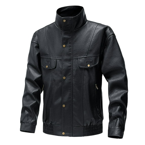 HOOMEUMY Men's Hoodless PU Leather Jacket Zipper Up Stand Collar Button Up Motorcycle Jacket with Pockets Black XL