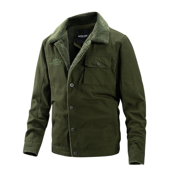 HOOMEUMY Men's Hoodless Winter Jacket Fleece Lined Warm Loose Fit Thick Cotton Button Up Csaual Outerwear with Pockets Green M