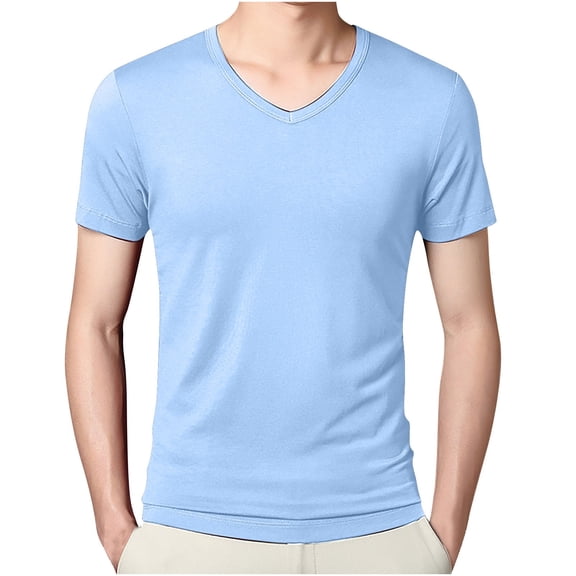 HOOMEUMY Men's Ice Silk V-Neck T-Shirt Short Sleeve Slim Fit Basic Tee Soft Lightweight Stretch Casual Tops Blue XXL
