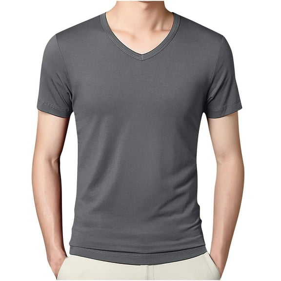 HOOMEUMY Men's Ice Silk V-Neck T-Shirt Short Sleeve Slim Fit Basic Tee Soft Lightweight Stretch Casual Tops Gray XXXXXL