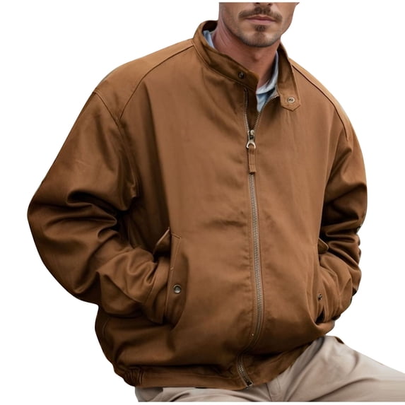 HOOMEUMY Men's Jacket Lightweight Zipper Stand Collar Windbreaker Outerwear Solid Color Baseball Jacket Spring Brown M