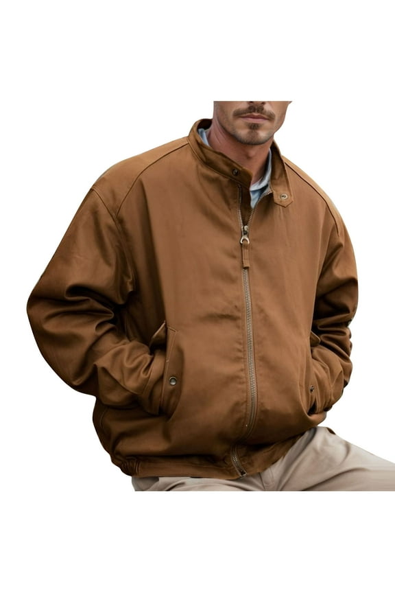 Men's Jacket Lightweight Zipper Stand Collar Windbreaker Outerwear Solid Color Baseball Jacket Spring Brown XXL