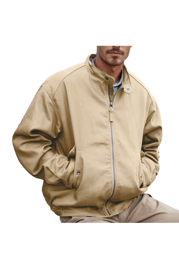 Men's Jacket Lightweight Zipper Stand Collar Windbreaker Outerwear Solid Color Baseball Jacket Spring Khaki M