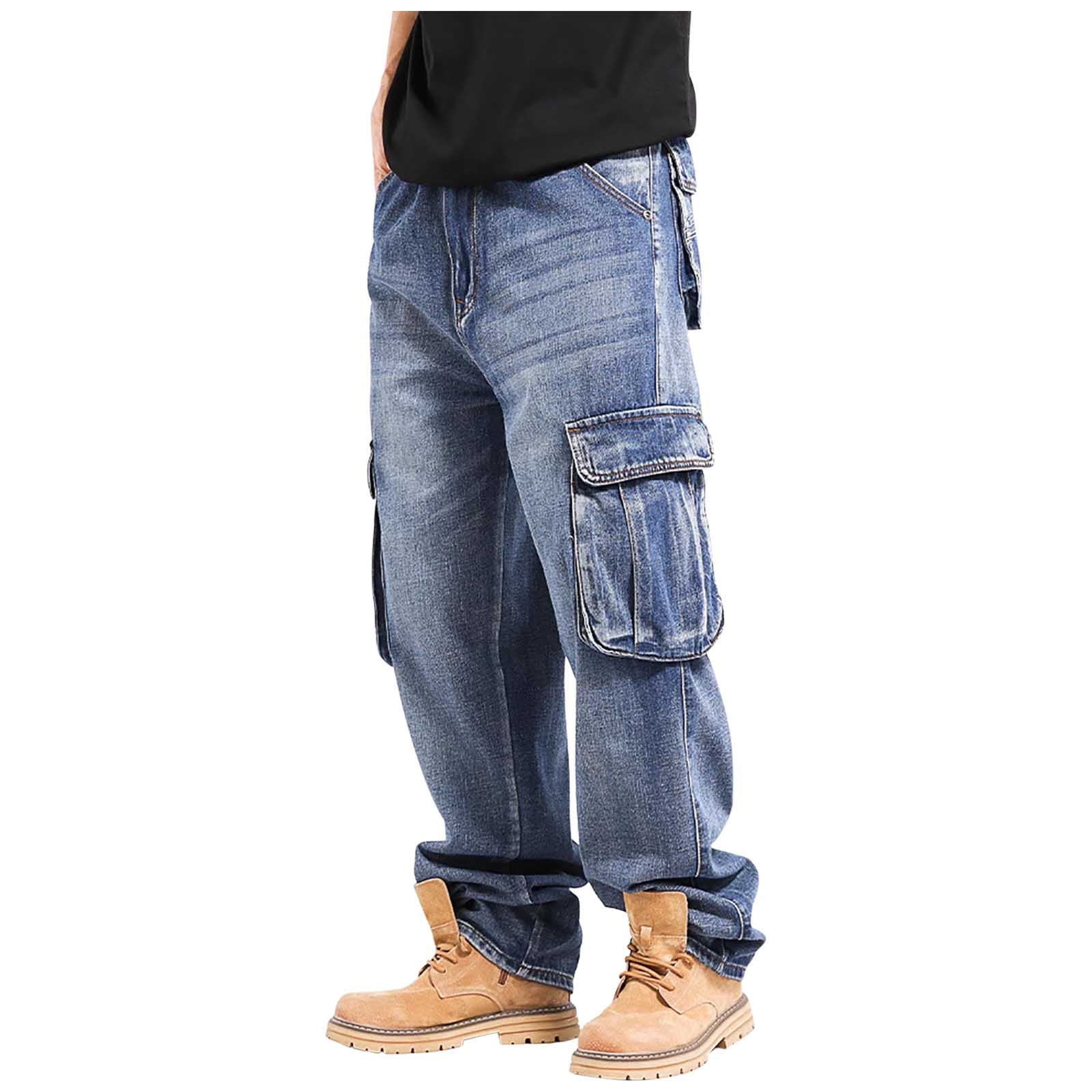 HOOMEUMY Men's Jeans Casual Loose Hip Hop Denim Work Pants Jeans with Cargo Pockets (Blue,30)