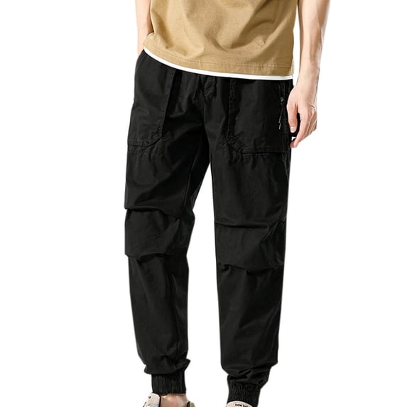 HOOMEUMY Men's Jogger Cargo Pants with Multi Pockets Drawstring Elastic Waist Tapered Leg Loose Fit Trousers Black XL