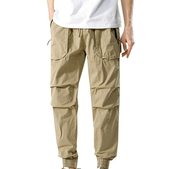 HOOMEUMY Men's Jogger Cargo Pants with Multi Pockets Drawstring Elastic Waist Tapered Leg Loose Fit Trousers Yellow L