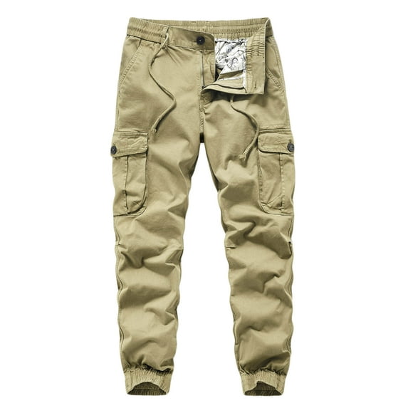 HOOMEUMY Men's Jogger Drawstring Elastic Waist Cargo Pants with Zipper Pockets Multi Pockets Straight Fit Long Trousers Yellow M