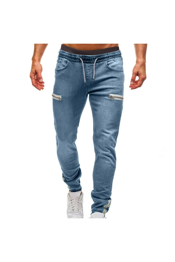 Men's Jogger Jeans with Zipper Pockets Drawstring Elastic Waist Denim Pants Stretch Slim Fit Black Biker Jeans Blue XXXXL