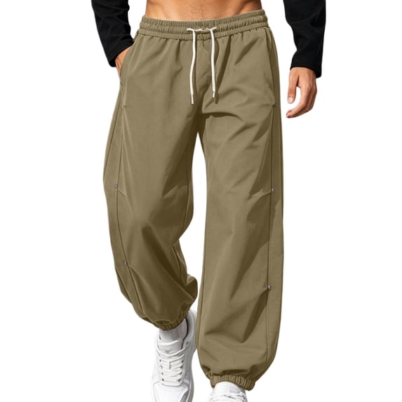 HOOMEUMY Men's Jogger Pants Adjustable Drawstring Elastic Waist Cuffed Ankle Loose Tapered Casual Trousers