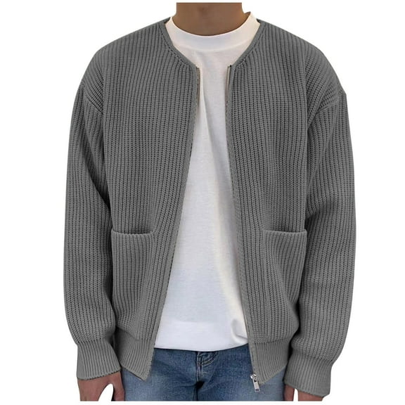 HOOMEUMY Men's Knit Cardigan Sweater Full Zip Long Sleeve Solid Color Loose Fit Thick Warm Outwear Winter Jacket Sweater Top Gray XXL